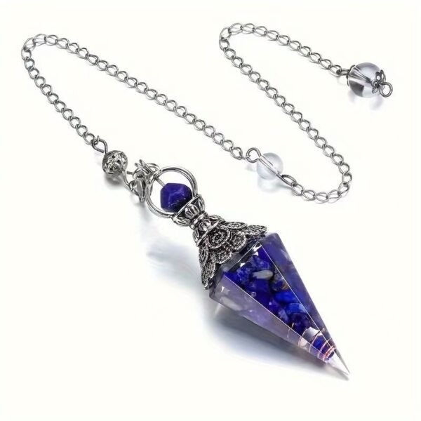 GEHECRST Natural Aquamarine Healing Crystal Dowsing Pendulum Reiki Gemstone Chips Orgone Pendulum 6 Faceted Hexagonal Pointed Resin Spiritual Pendant for Divination, Wicca, Energy Balancing - Image 3