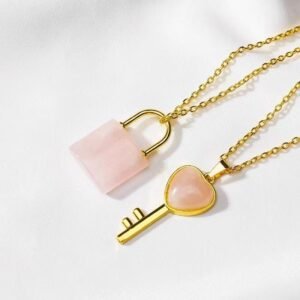 Love Heart Crown Lock and Key Pendant Necklace SetCrystal Love Key Couple Lock
