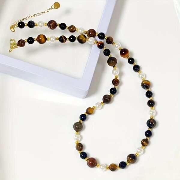 gentle tiger's eye stone pearl necklace Handmade Boho Bead Choker Necklace for Women Jewelry with Gifts Box - Image 4