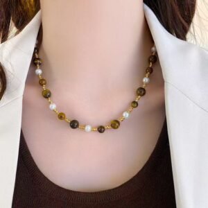gentle tiger's eye stone pearl necklace Handmade Boho Bead Choker Necklace for Women Jewelry with Gifts Box