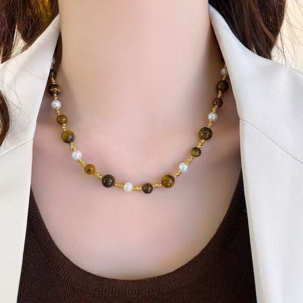 gentle tiger's eye stone pearl necklace Handmade Boho Bead Choker Necklace for Women Jewelry with Gifts Box