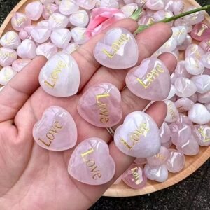 Natural Rose Quartz Heart Crystals – Healing Stones with Inspirational Words for Meditation, Energy Balancing, and Spiritual Practices