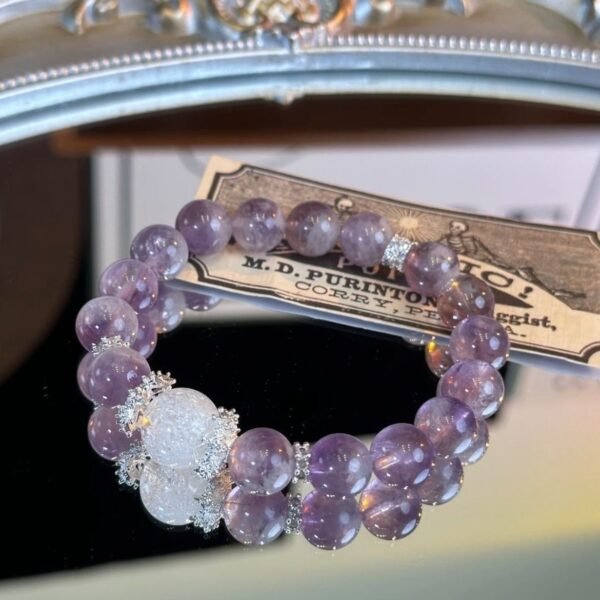 12mm Handmade Amethyst with clear  Crystal Bracelet Natural Stone Gemstone Amethyst Healing Stretch Beaded Bracelets Jewelry for Women Girls - Image 2