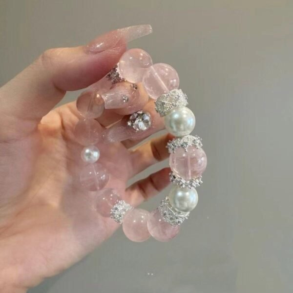14mm pink snowflake crystal with pearl bracelet  Genuine Stretch Gemstone Healing gift for woman - Image 2