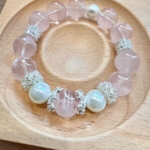 14mm pink snowflake crystal with pearl bracelet  Genuine Stretch Gemstone Healing gift for woman