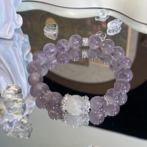 12mm Handmade Amethyst with clear  Crystal Bracelet Natural Stone Gemstone Amethyst Healing Stretch Beaded Bracelets Jewelry for Women Girls